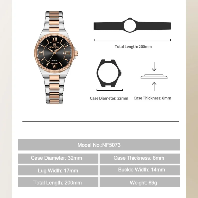 NAVIFORCE Casual Woman Quartz Watch Retro Watches 3ATM Waterproof Stainless Steel Watchband High Quality Ladies' Watches NF5073