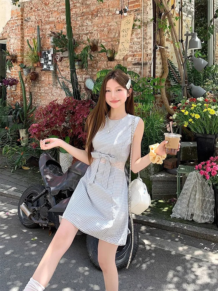  vestido a cuadros de estilo coreano para mujer, verano 2025, nuevo vestido sin mangas sencillo y bonito con cintura ajus...
