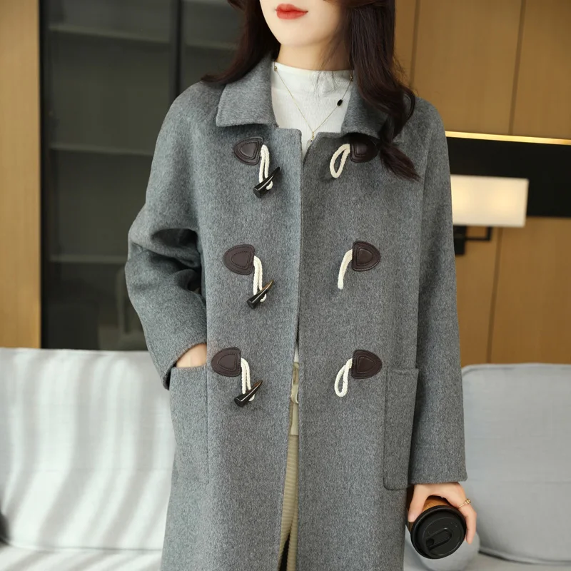 

Cow Horn Button Wool Coat Women's Autumn And Winter New Loose Fashion Version Double-Sided Woolen Coat Medium Long Lapel Coat