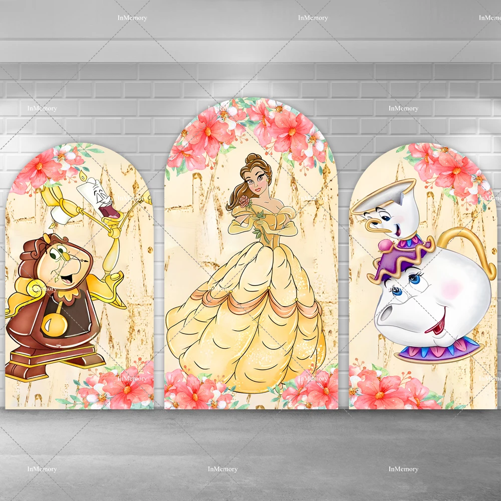 الفتيات عيد ميلاد الأميرة حسناء قوس خلفية غطاء الكرتون الجمال والوحش موضوع استحمام الطفل صور خلفيات الإمدادات