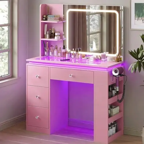 Pink Makeup Vanity with RGB Glass Top, Charging Station. | RGB Color Changing LED Lights/3-Tier Divided Shelves/4