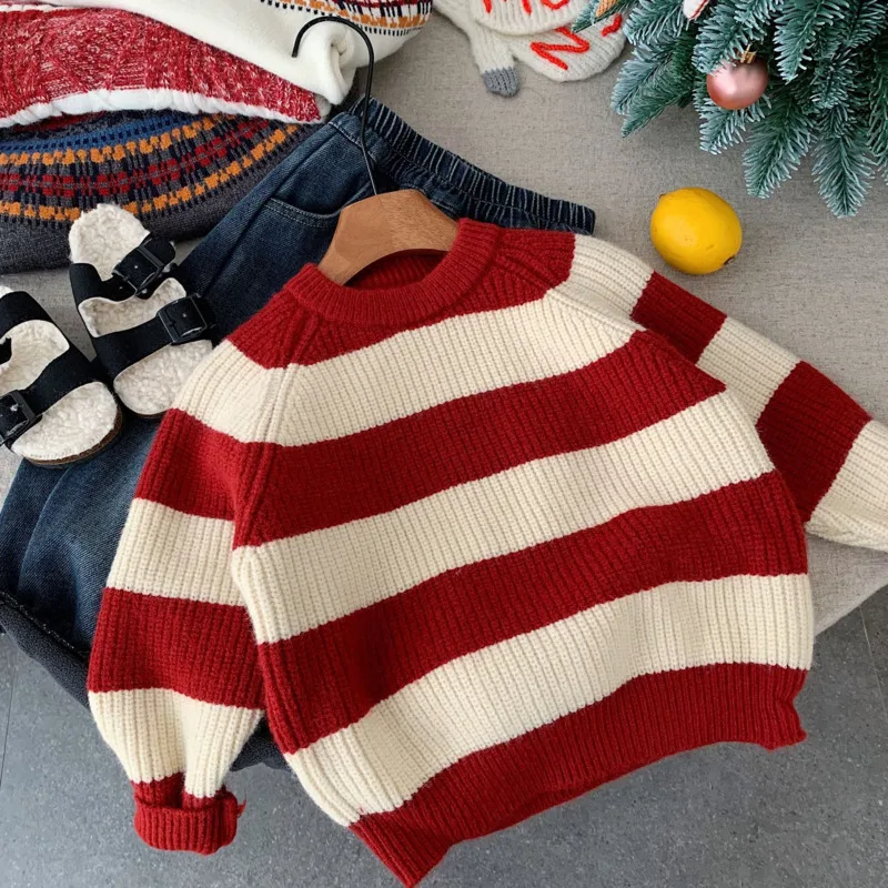 2025 Autumn Winter Boy Girl Children Knitt Sweater Red Stripe Pullover Jumper Stylish New Year Thick Warm 2-10 Years Outfit