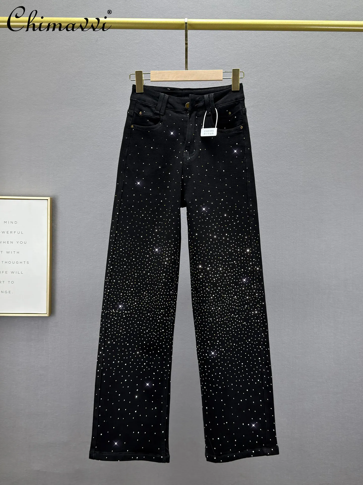 

Heavy Rhinestone Straight-leg Denim Pants Women 2026 Spring New High-waisted Slim European Style Extra-long Floor-length Pants