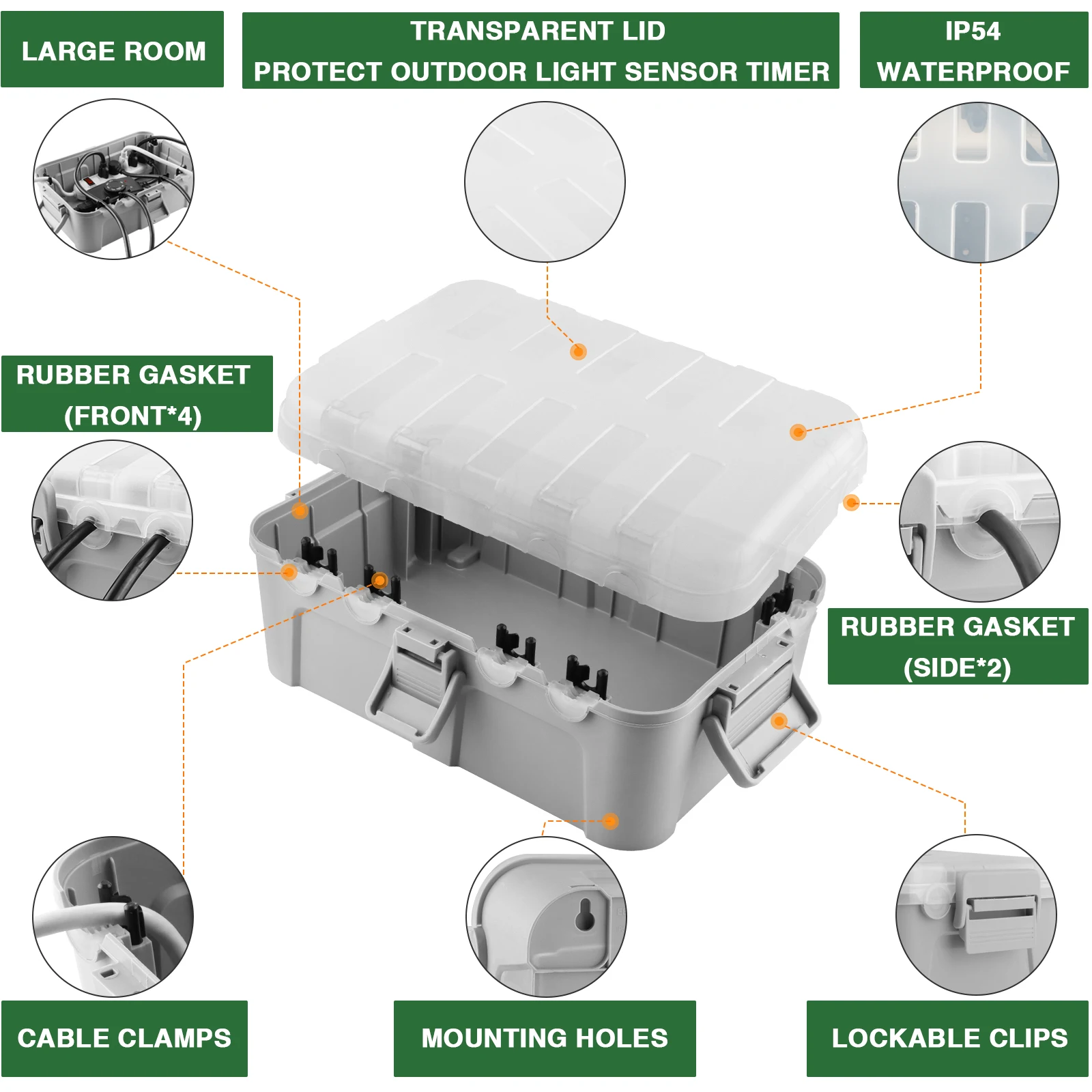 IP54 Medium Waterproof Outdoor Electrical Box with Clear Lid, Weatherproof Extension Cord Cover for Photocell Light Sensor