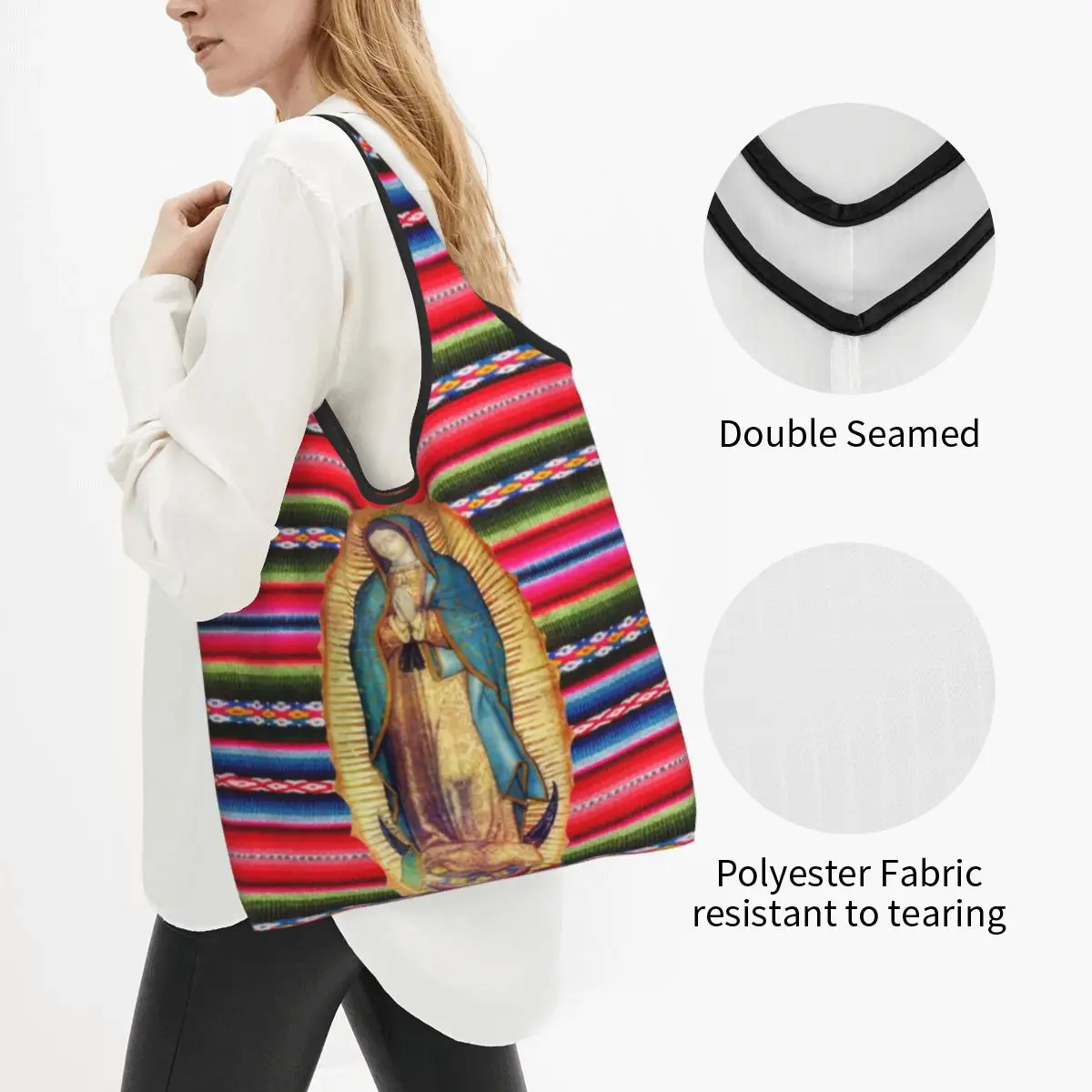 Our Lady Of Guadalupe Virgen Maria Zarape Grocery Shopping Bag Shopper Shoulder Tote Bags Portable Virgin Mary Catholic Handbag