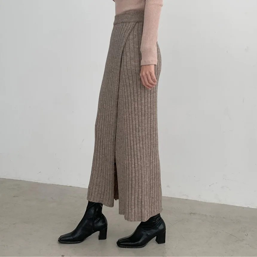 Chique gebreide midi-rok met hoge taille voor dames, slim fit, splitontwerp, herfst-winter, Ele Retro Sle woon-werkvriendelijke rok