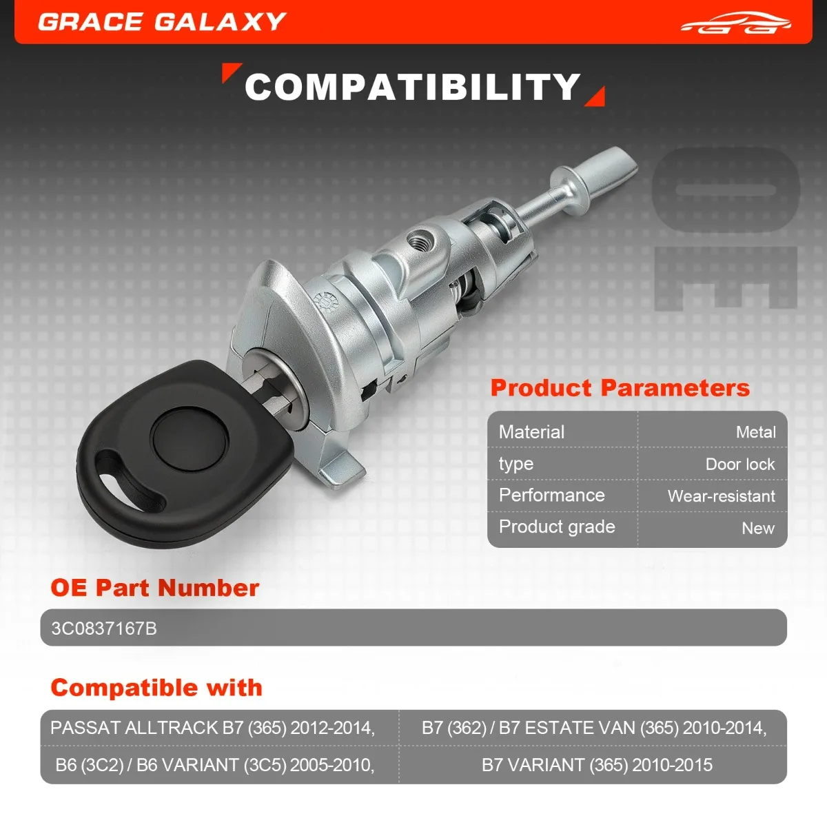 3C0837167B For VW PASSAT ALLTRACK B7 B6 B6 Variant B7 Estate Van B7 Variant Auto parts Door Lock Cylinder with Key