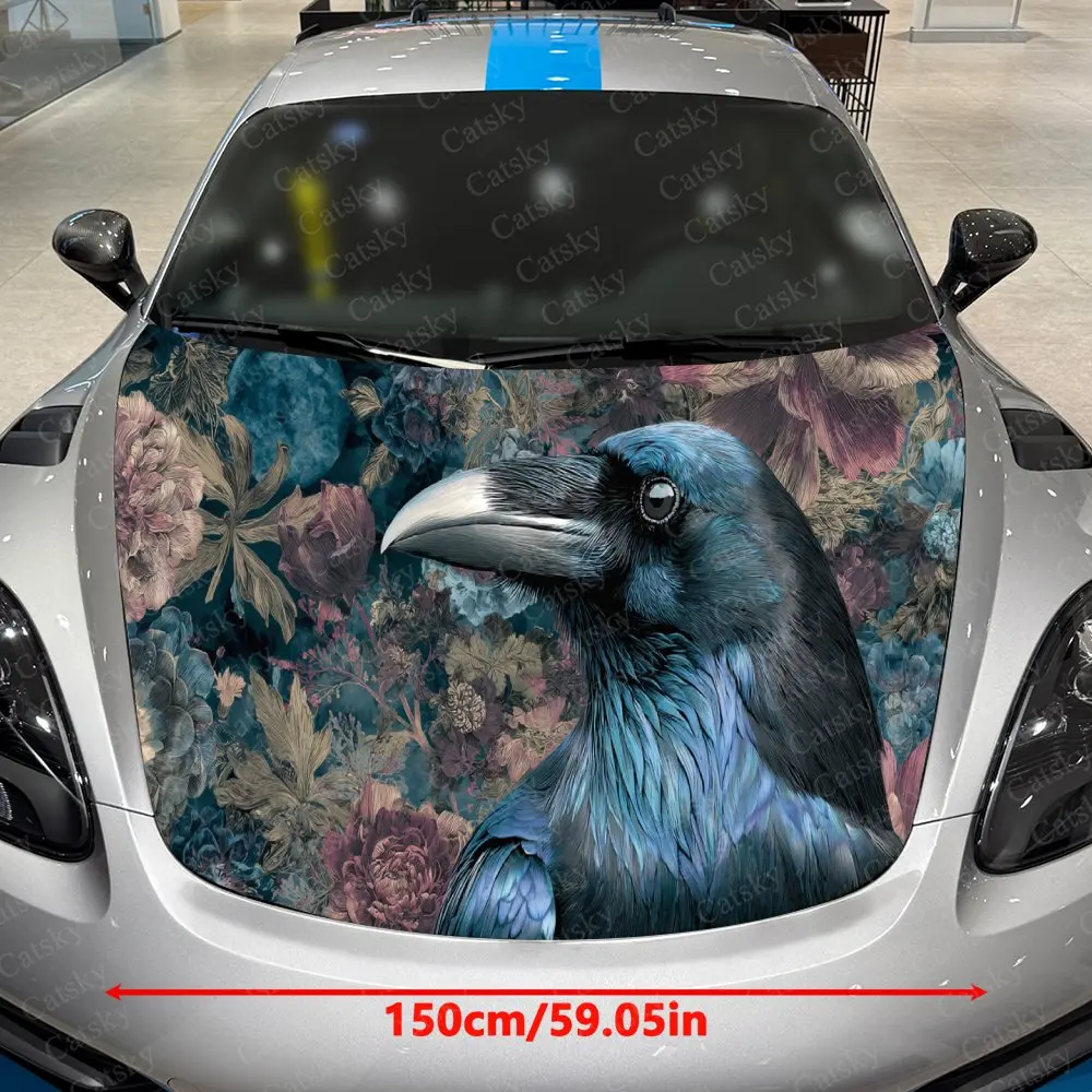 Car Decal Blue Raven with Floral Mosaic - Mysterious Ethereal-Dark Fantasy Car Hood Sticker, Waterproof Self - Adhesive PVC Grap