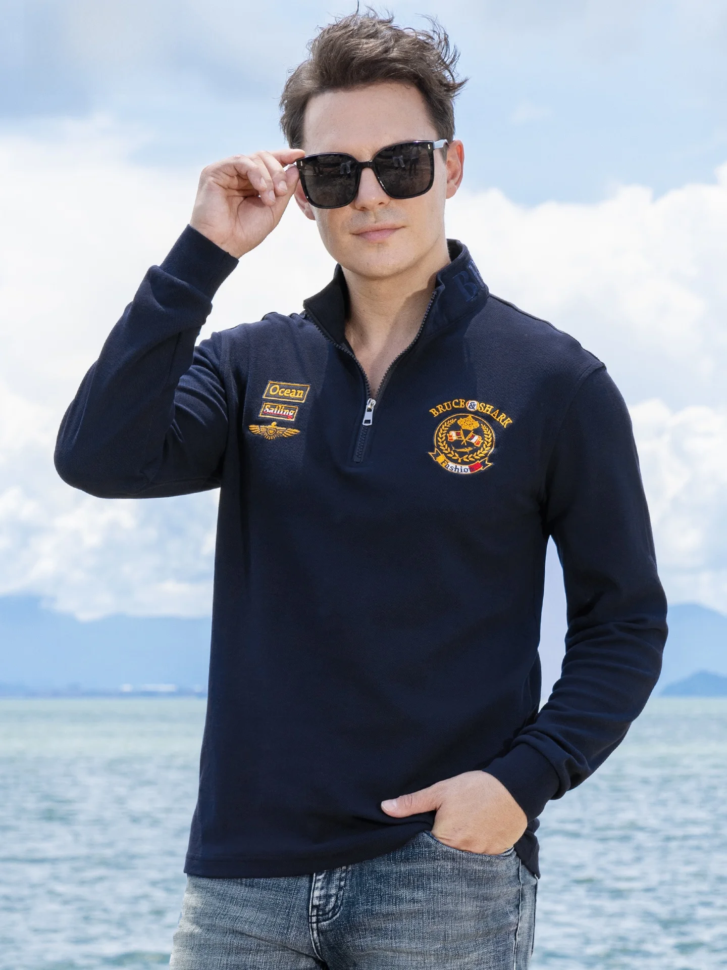 

Loose Fit Pure Cotton Long Sve Men's irt Embroidered Bruce ark Faionable Casual Wear for All Seasons