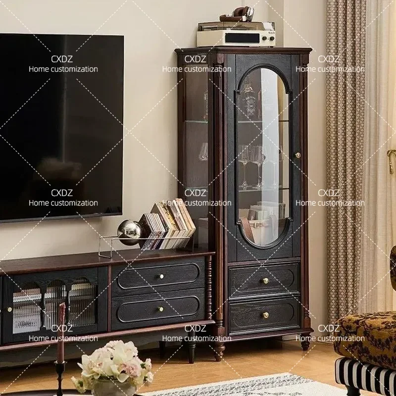 French Retro Solid Wood Wine Cabinet Small Apartment Study Living Room Sofa Side TV Storage Cabinet