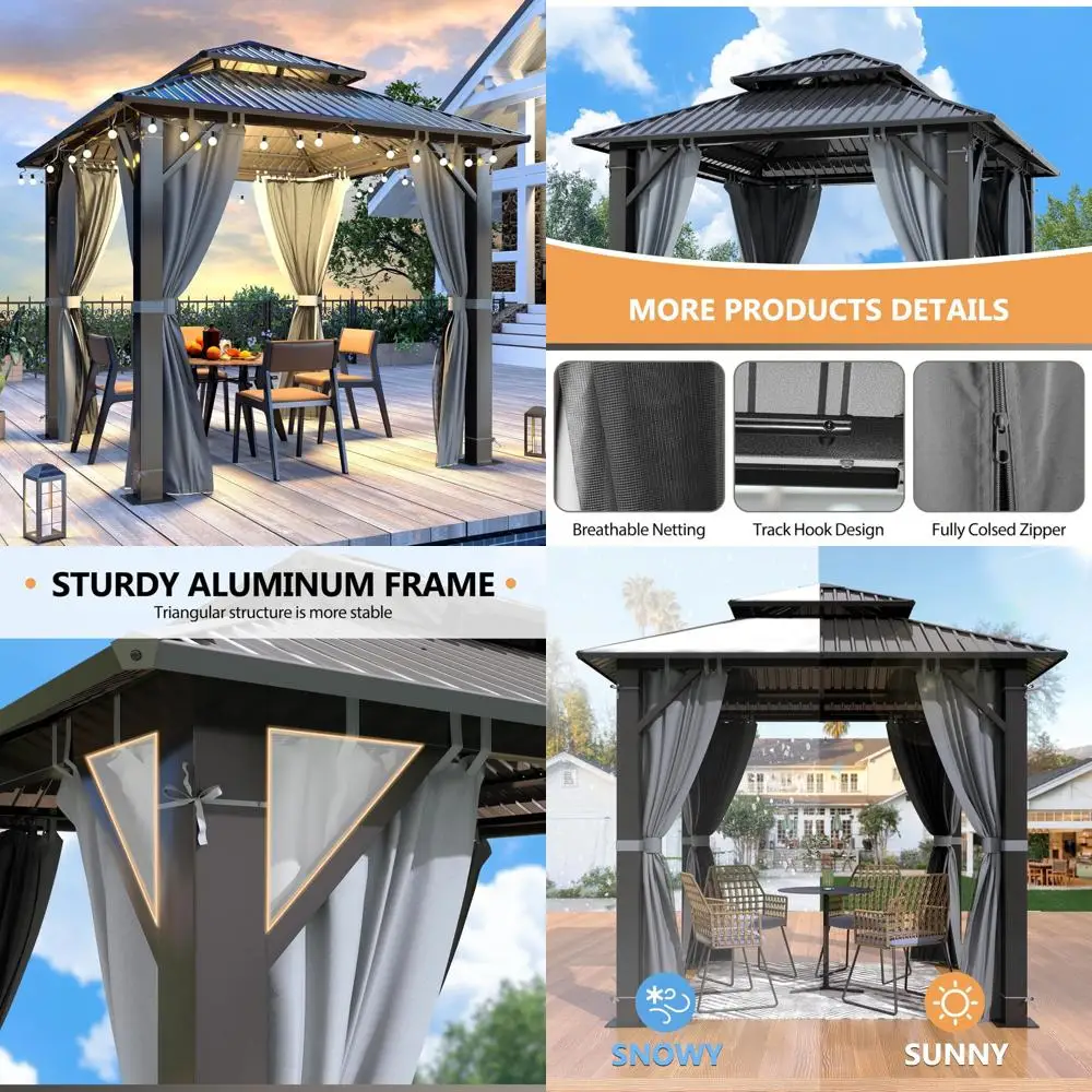 

8.5'x8.5' hardtop gazebo, outdoor double roof galvanized steel gazebo, aluminum frame permanent pavilion with curtains & netting