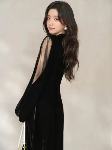 Elegant Velvet Long Dress Women Lady Slim V-Neck Sheer Mesh Maxi Dress Long Sleeve Chic Formal Daily Occasion Outfit Style Wear