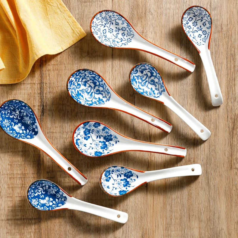 1Pc Blue And White Porcelain Soup Spoon Household Tableware Retro Japanese Style Ceramic Soup Spoons For Home Restaurant