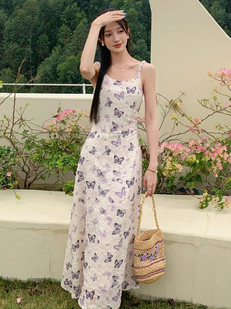 Abiti da donna Dolce stampa in pizzo Cinturino sexy Slim A-Line Abito lungo Elegante Lady Fashion Abiti Robe Casual Vacanza Boho Estate