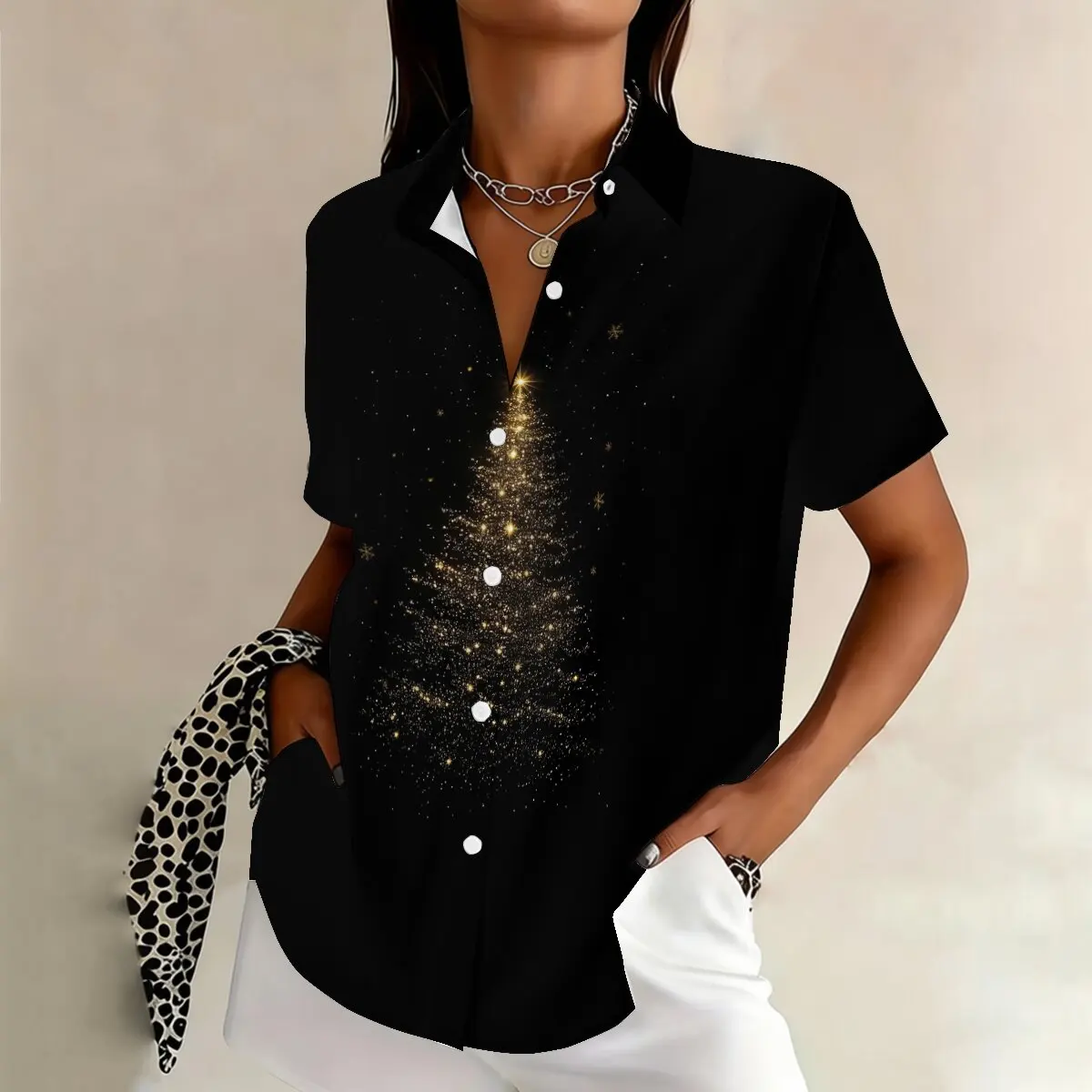 

Summer women's short-sleeve shirt, simple and delicate Christmas star pattern, artistic texture, casual, cool and unique.