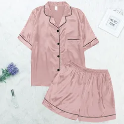 Conjunto pijama cetim de seda feminino, pijama de duas peças, camisa manga curta, top, roupa caseira verão