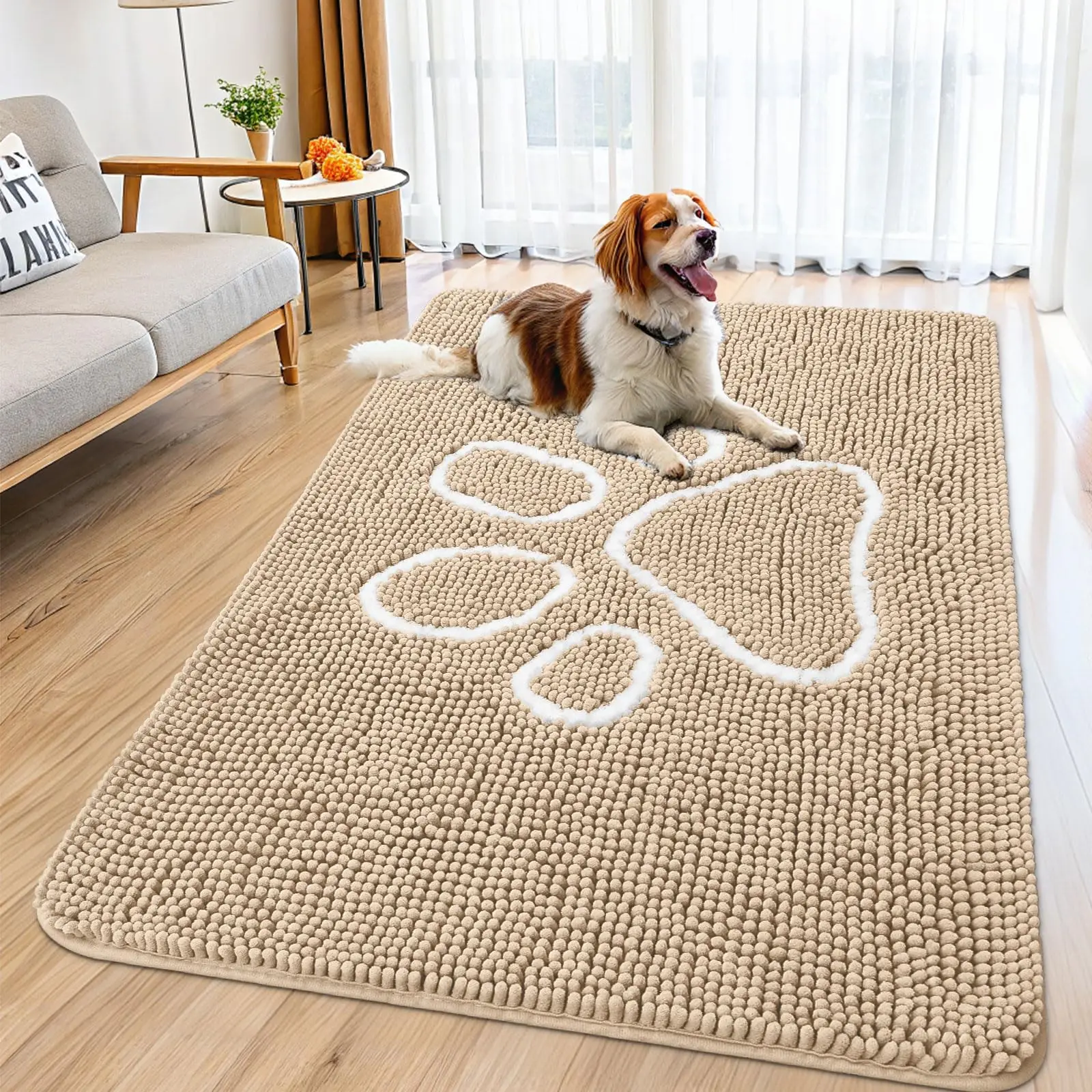 Kitinjoy Paillasson de boue en chenille ultra absorbant avec motif imprimé de patte Tapis lavable à séchage rapide antidérapant Tapis de porte pour pattes de chien boueux