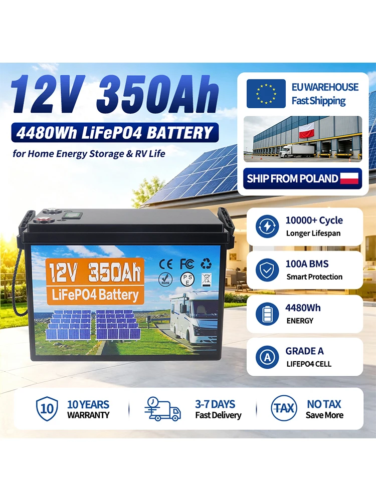 Klasse A 12V 350AH LiFePO4 Batterie Lithium-Eisenphosphat-Akku Neu mit 4S 100A BMS 10.000 Zyklen für Wohnmobile und Heimenergiespeicher EU-Lagerbestand
