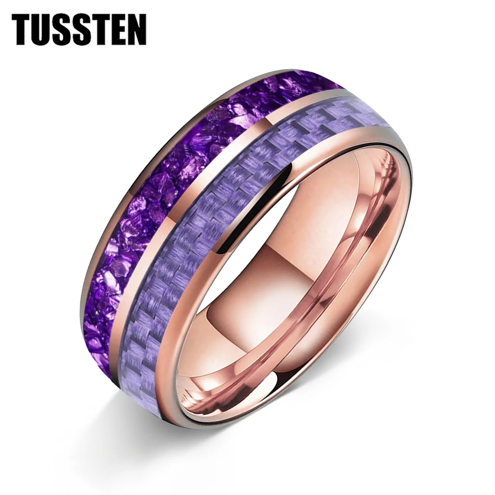 TUSSTEN 6/8MM Men and Women Marriage Tungsten Ring Dome Double Groove Inlaid Purple carbon fiber crystal stone Comfortable Fit