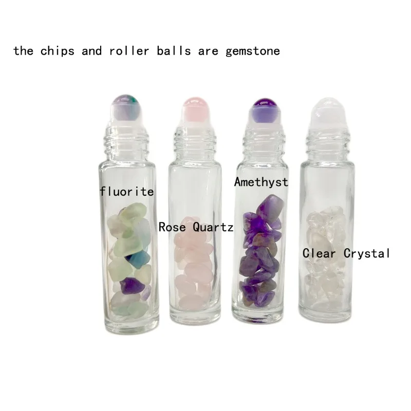 4 PCS Healing Crystal Gemstone Roller Bottles with Bamboo Lids for Perfumes Aromatherapy Oils Rose Quartz fluorite Amethyst