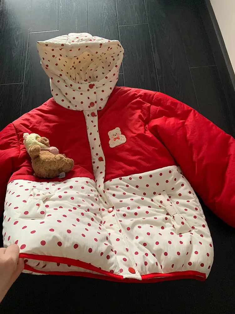 Kimotimo Sweet Quilted Coat Women Preppy Style Bear Embroidery Hooded Parkas Jacket Winter Patchwork Polka Dot Warm Loose Tops