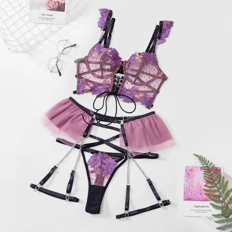 Bikini Thin Embroidered Bra Set Mesh Floral Lingerie Women's Garter Belt