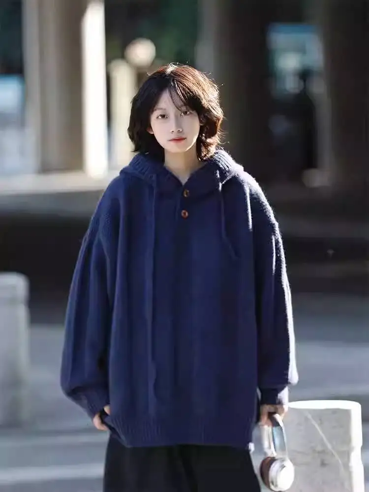 

Unisex Japanese Vintage Cable Knit Hooded Sweater Autumn Winter Loose Lazy Style Couples Thickened Knit Outerwear