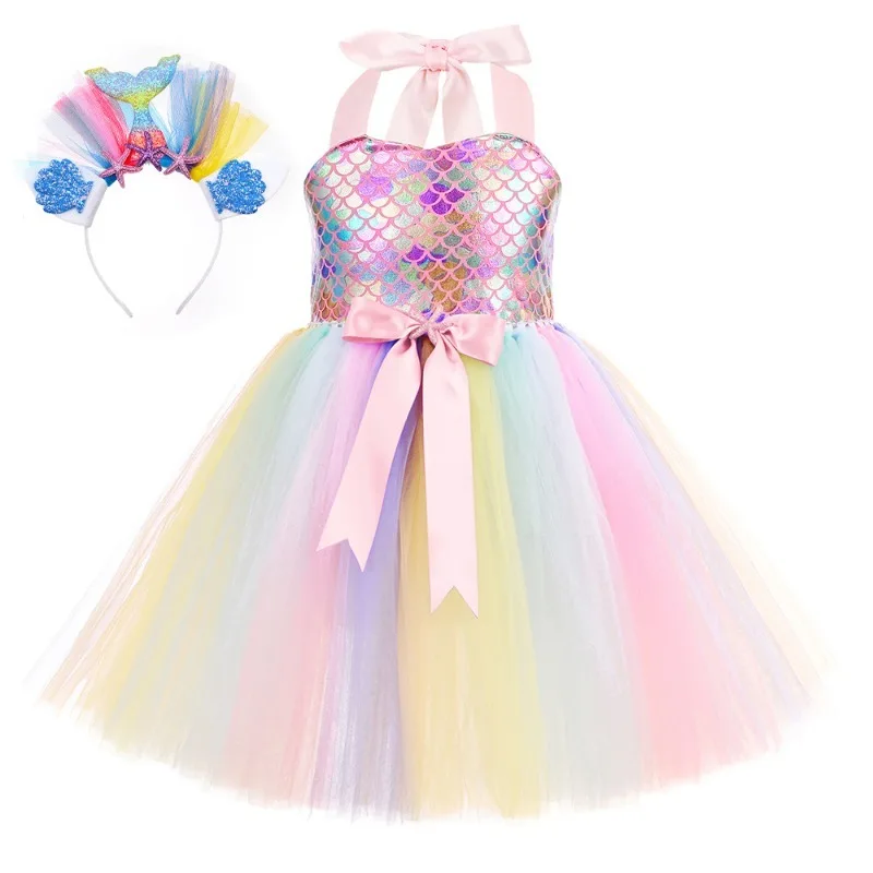 Robe sirène en tulle pour filles, jupe tutu arc-en-ciel en maille, écailles de poisson, tenues à paillettes, robe de soirée princesse Halloween, nouveaux modèles