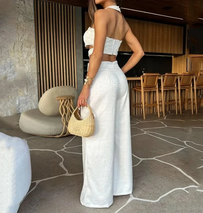 2023 Woman Long Jumpsuits Elegant Sexy Wide-Leg Jumpsuit with Neck Hanging and Hollow Design New Fashion Casual One Pieces