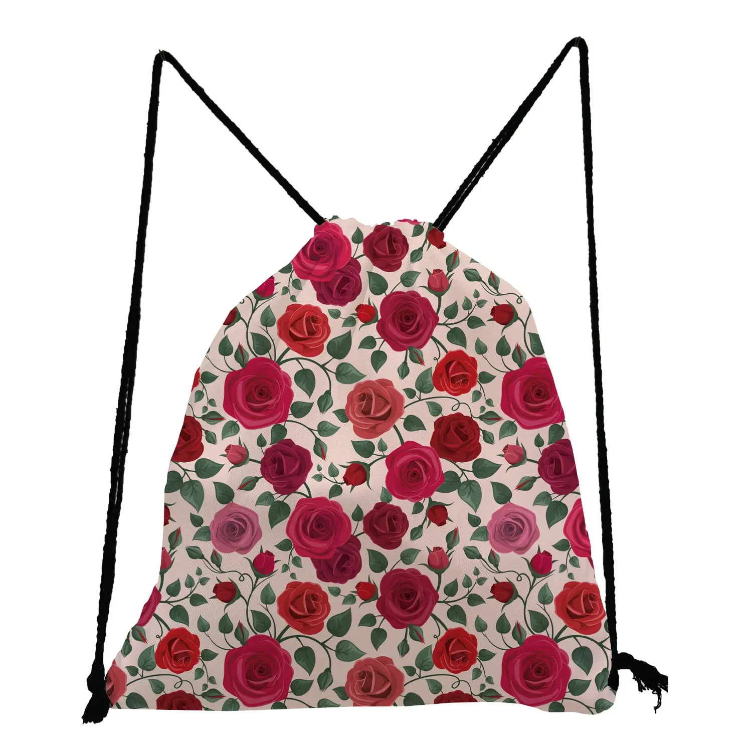 Red Rose Print Drawstring Bags Daily Soft Back Girls Boys Birthday Party Gift Large Casual Bag Foldable Children Travel Backpack