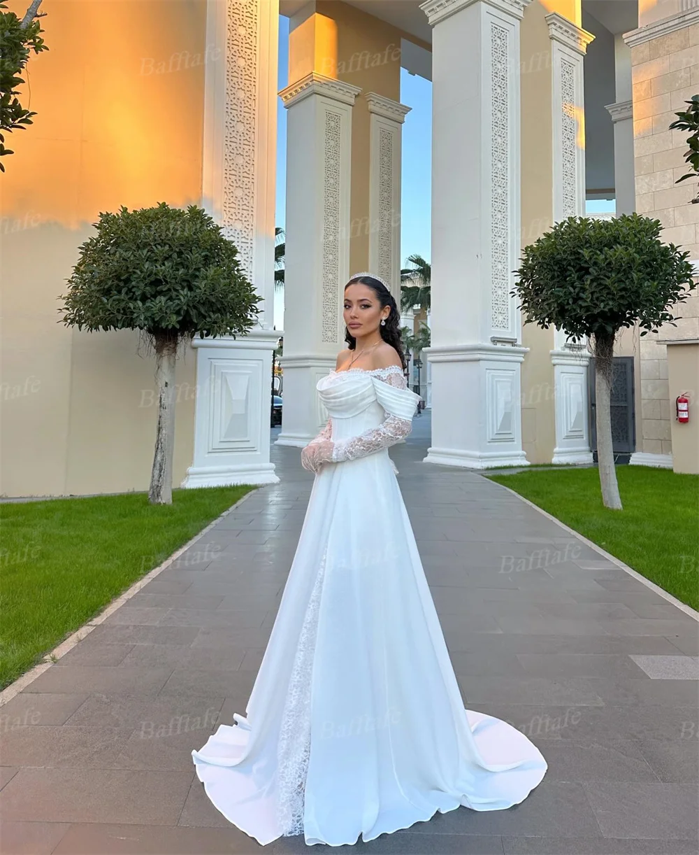 바프타페 맞춤형 새틴 레이스 웨딩드레스 아랍 스타일 긴 소매 신부 드레스 코르셋 백 포멀 파티 신부 촬영 드레스