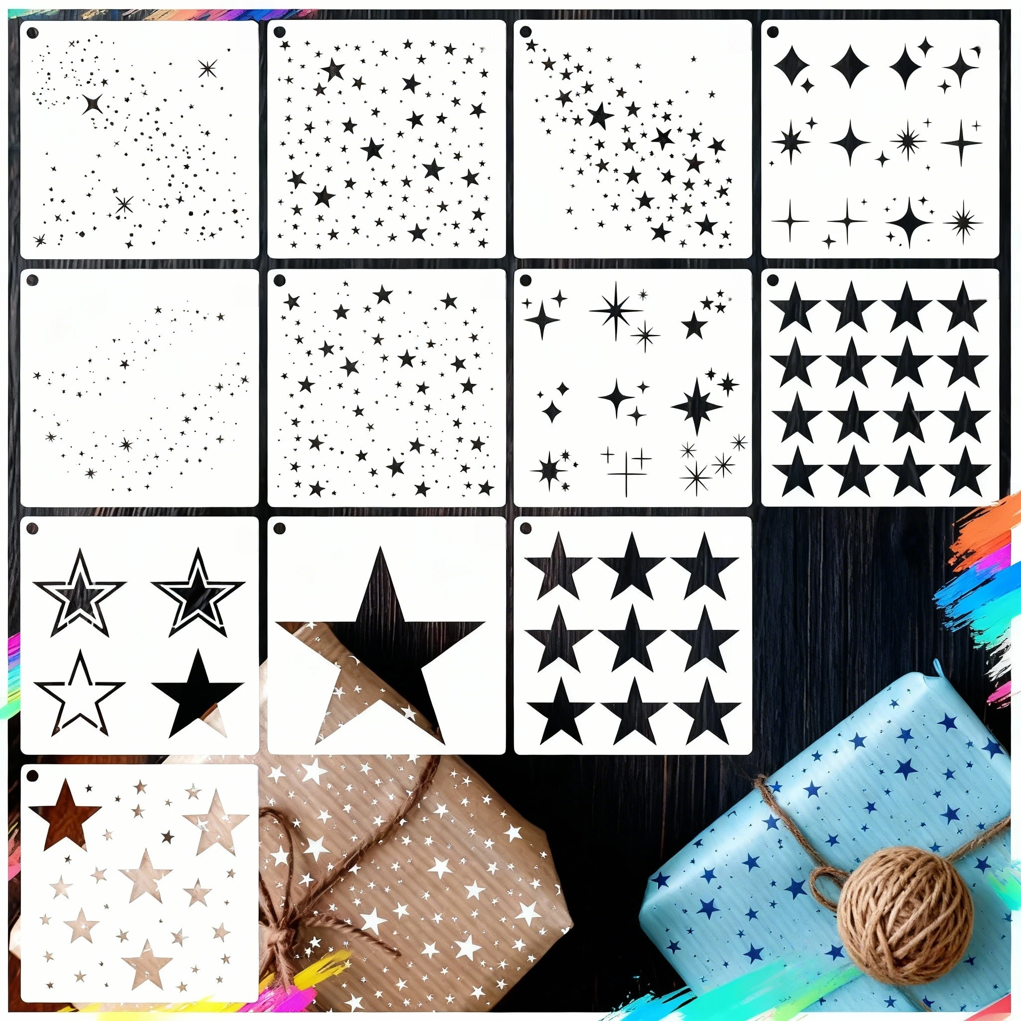 12-Piece Glitter Star Stencil Set, Star Background Craft Templates, Mixed Media Stencils for DIY Card Making, Scrapbooking, Paper, Fabric, and Painting on Pillows