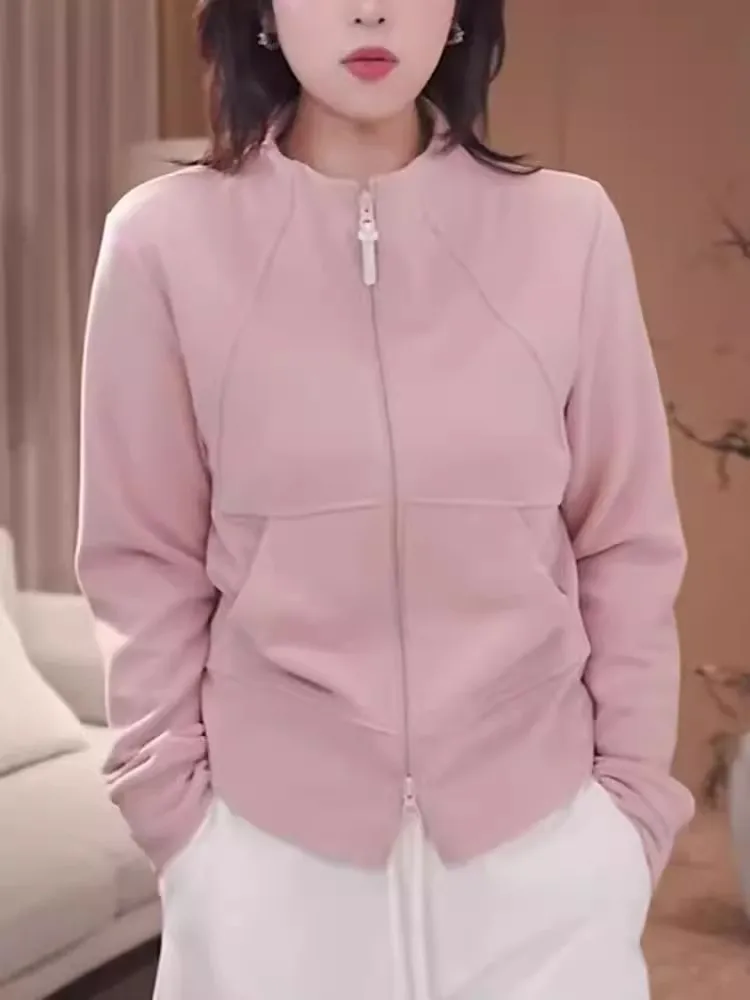 

Spring 2026 Women's Pink Sweatshirt Jacket Fashionable Slimming Half High Collar Velvet Base Top Casual Style Long Sleeve