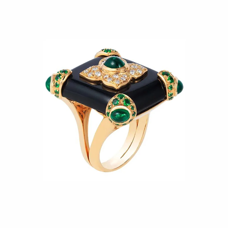 Foydjew European American Retro Emerald Green Gem Rings Art Deco Style Plated 18K Gold Enamel Glaze Black Onyx Ring For Women
