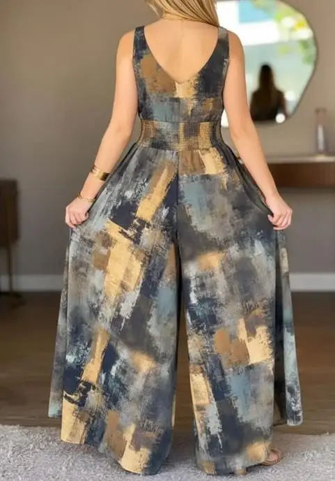 

Abstract Print V-Neck Stretchy Thick Straps High Waist Backless Overalls Casual Shirred Waist Cinched Waist Wide Leg Jumpsuit