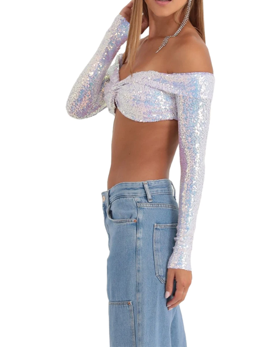 Frauen funkelnde Pailletten Ernte Top Off Schulter Glitter Langarmhemd Streetwear Clubwear E-Girl Mode schimmernd