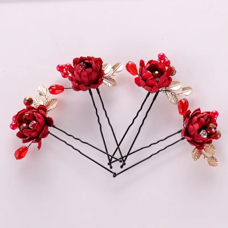 

New Chinese Red Flower Hair Clip Hair Stick Elegant Hairpin for Girl Female Hair Ornament Styling Tools