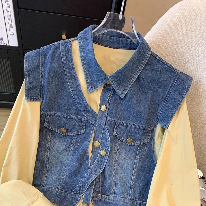 2024 Spring  Autumn Collection New Fashionable Niche Design Sense Irregular Fashion Splicing Long Sleeves Denim Vest Shirt Women