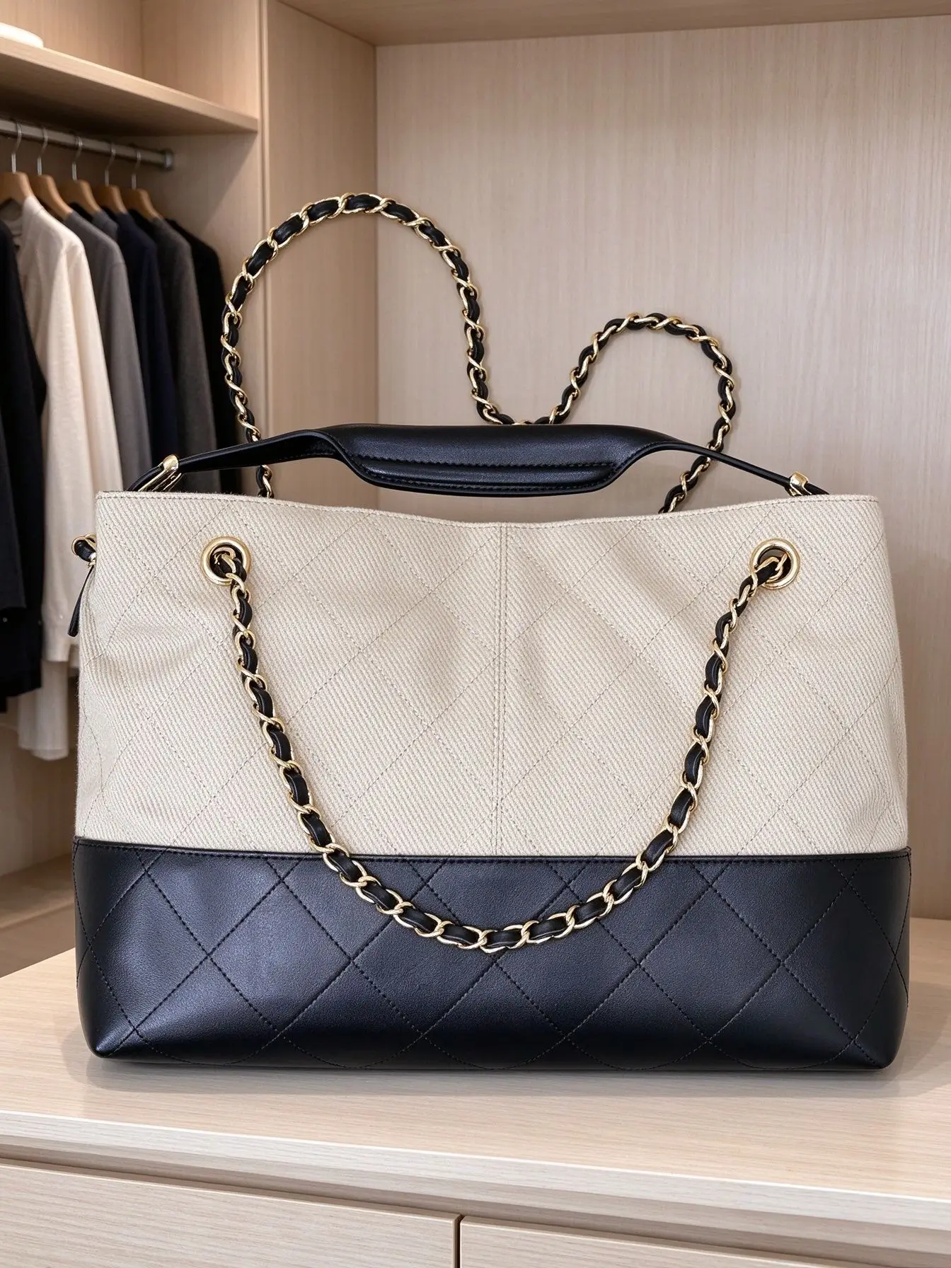 Women Color Block Tote Shoulder Bag Canvas Spliced PU Leather Quilted Metal Chain Large Handbag