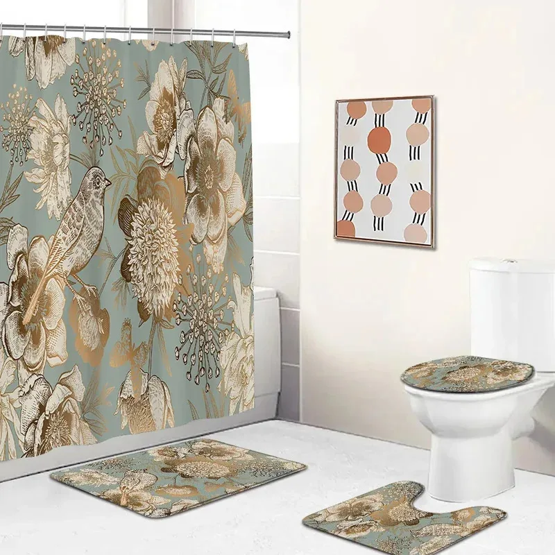 

HJN23Набор ковриков для ванной с золотыми цветами, птицы, цветы, цветочные коврики для ванной комнаты, винтажный нескользящий коврик для ванной, крышка для унитаза6Jn #