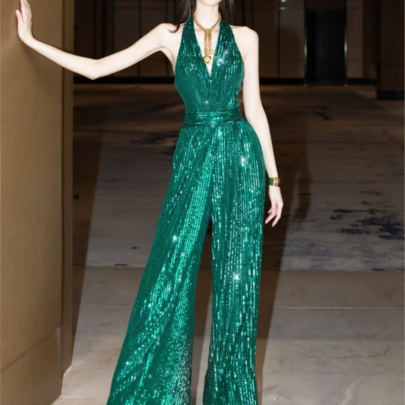 

temperament light luxury niche catwalk green halter style sparkly pantsuit romper