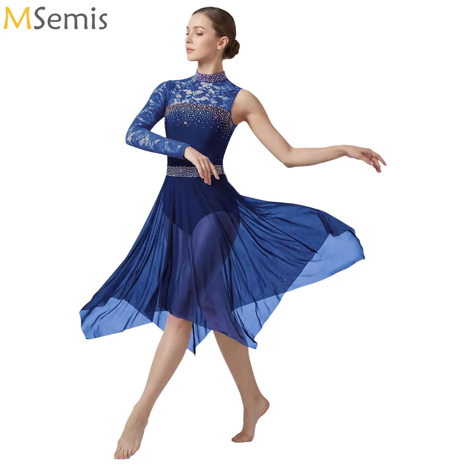 

Womens Lyrical Dance Bodysuit Dress Single Long Sleeve Floral Lace Irregular Rhinestones Leotard Dress for Modern Dance Waltz