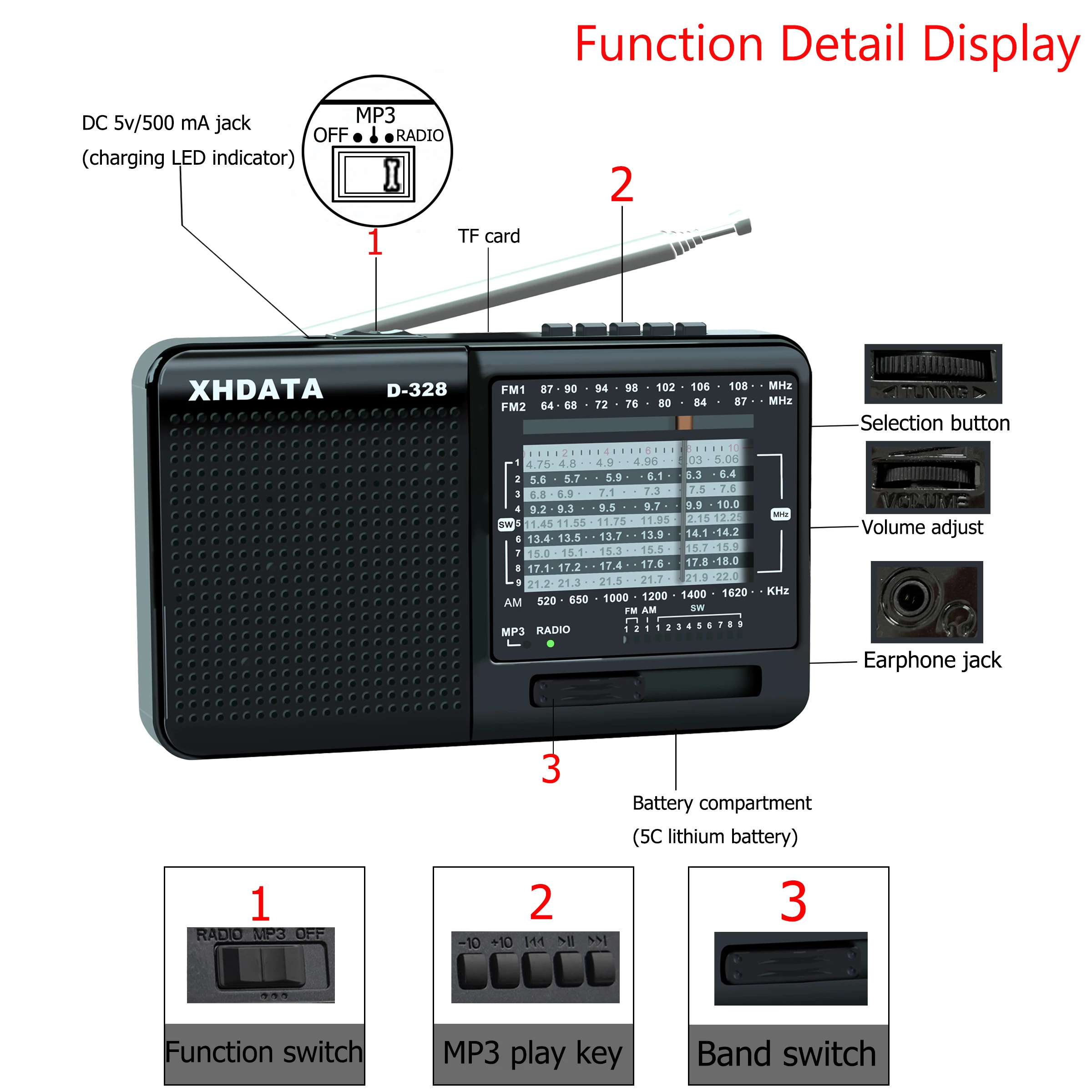 XHDATA D-328 FM Radio AM SW Tragbare Kurzwellen Radio Band MP3 Player Mit TF Karte Jack 4Ω/3W radio Empfänger