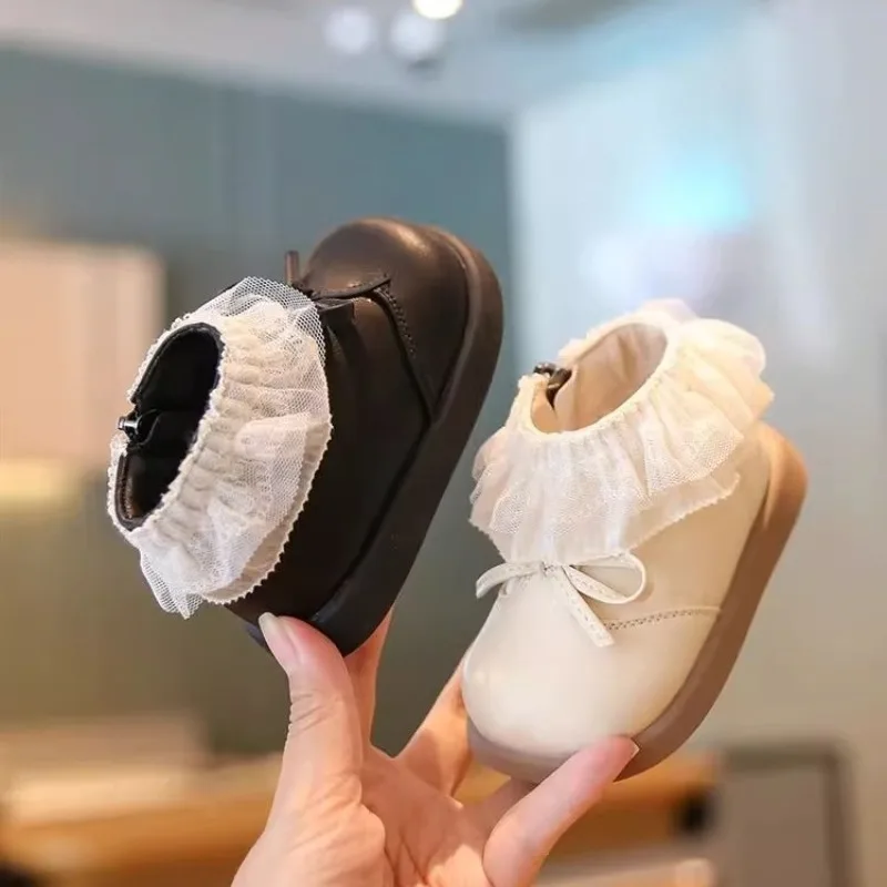 Infant Toddler Soft-soled Non-slip Walking Shoes Autumn Winter Girls Lace Ankle Boots Lightweight PU Leather Boots Kids Children