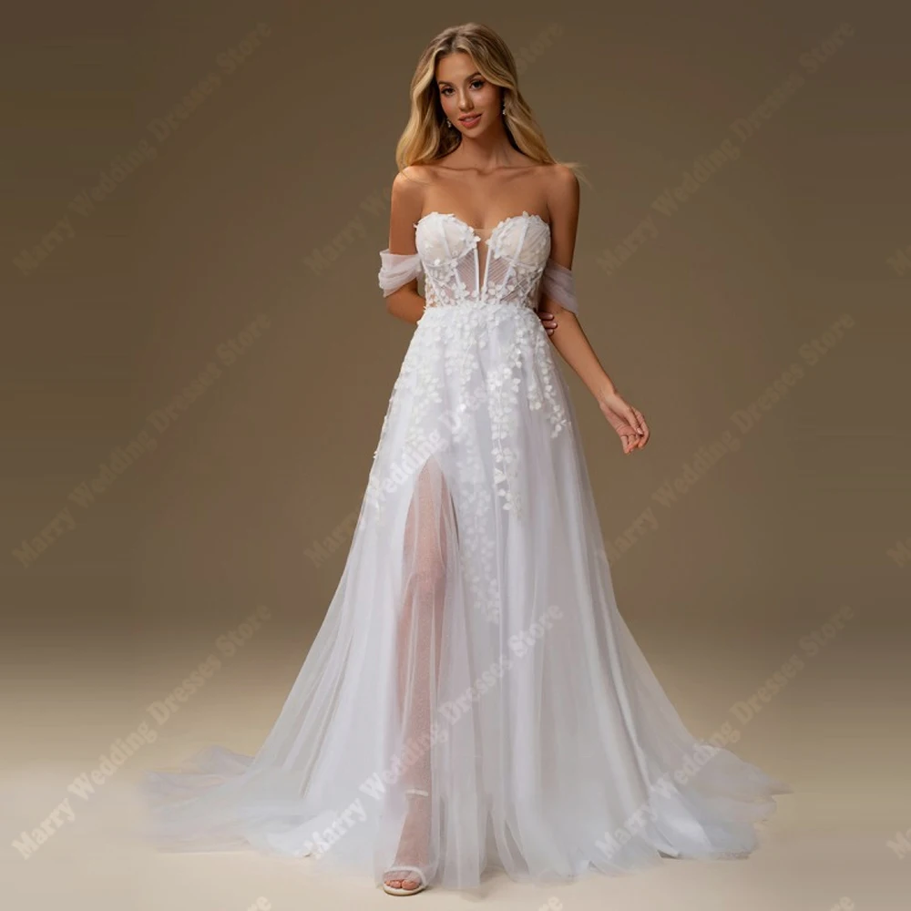 

Graceful A-Line Wedding Dresses Off The Shoulder Sleeveless Lace Appliques Bridal Gowns Princess Vestidos Para Mujer Customized