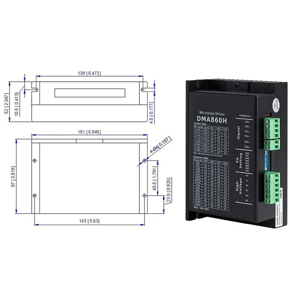 Multi-use Gear DMA860H 2Phase Stepper Driver 18-80VAC for 60 86 110 Stepper Motor Nema23 /34 /42 Stepper Motor Controller