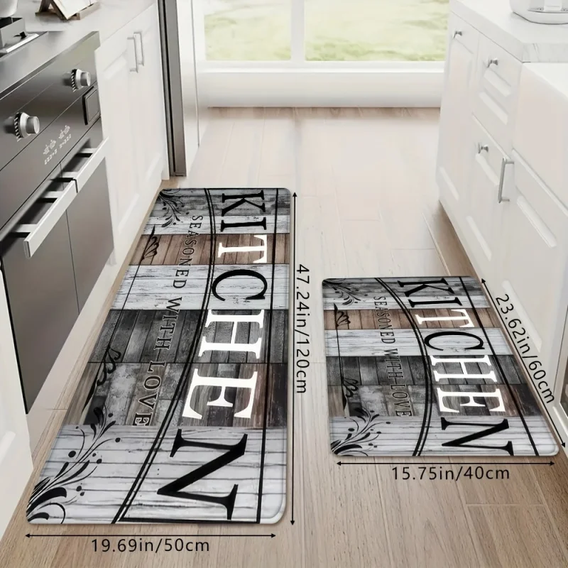 VIKAMA Retro Wood Grain Kitchen Carpet American Country Style Entrance Welcome Door Mat Easy-to-Clean Bedroom Carpet Home Decor