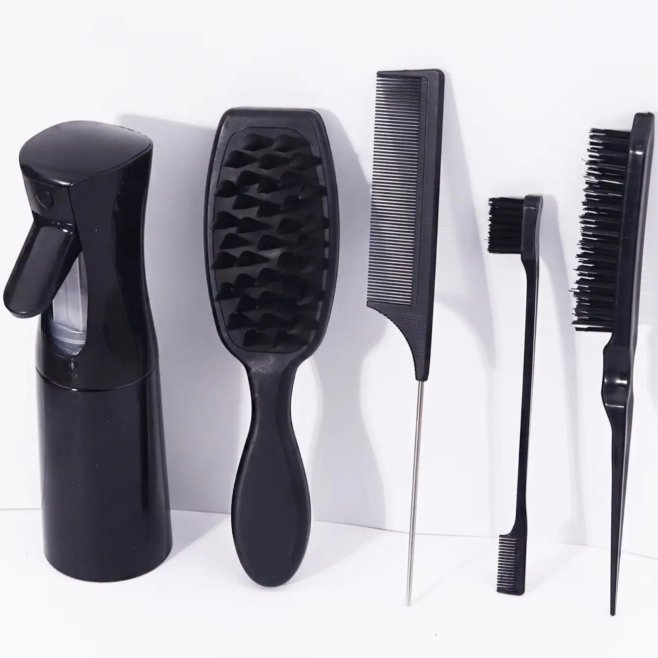 مجموعة أدوات تصفيف الشعر مكونة من 5 قطع، مع زجاجة رذاذ، وفرشاة شامبو، ومشط، وفرشاة شعر وفرشاة حافة خاصة بشعر مستعار حقيقي
