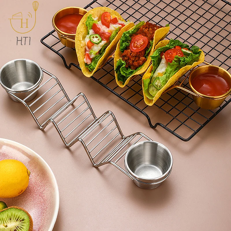 Stainless Steel Wave Shape Taco Holders Slots Kitchen Tool Mexican Food Display Rack Double-Sided Seasoning Cups For Restaurant