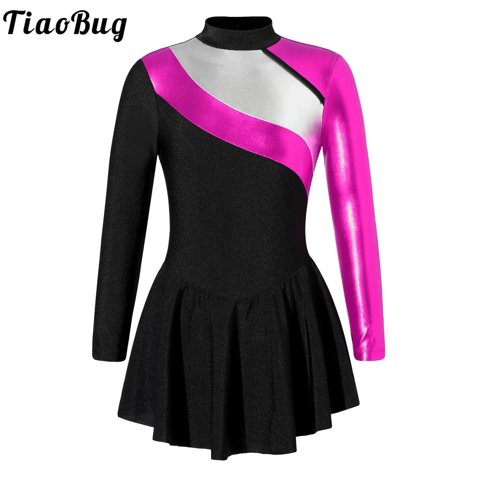 

Kids Girls Figure Ice Skating Clothing Long Sleeve Bronzing Cloth Invisible Zipper Closure Back Ballet Dance Dress